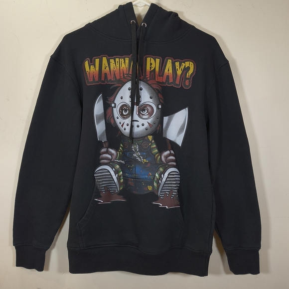 3 Forty " Wanna Play " Black Hoodie with Graphic Print Horror - Picture 1 of 9